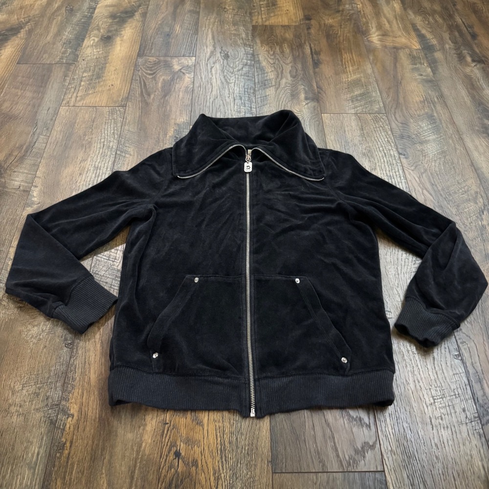 Michael Kors Black Velour Zip Up Track Jacket Funnel Neck Logo Women M 90s Style